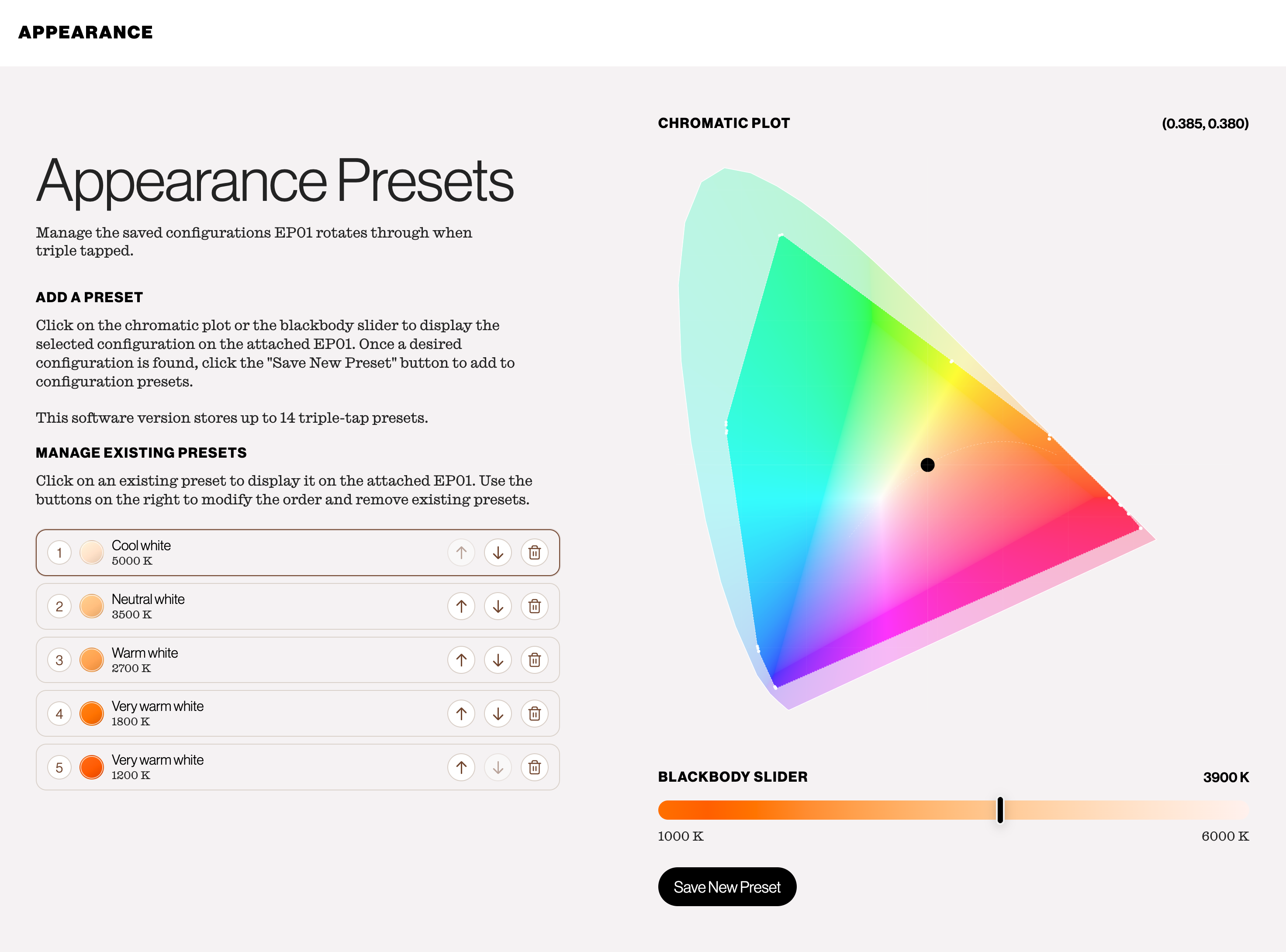 Screenshot of the Enody configuration tool displaying the appearance presets section