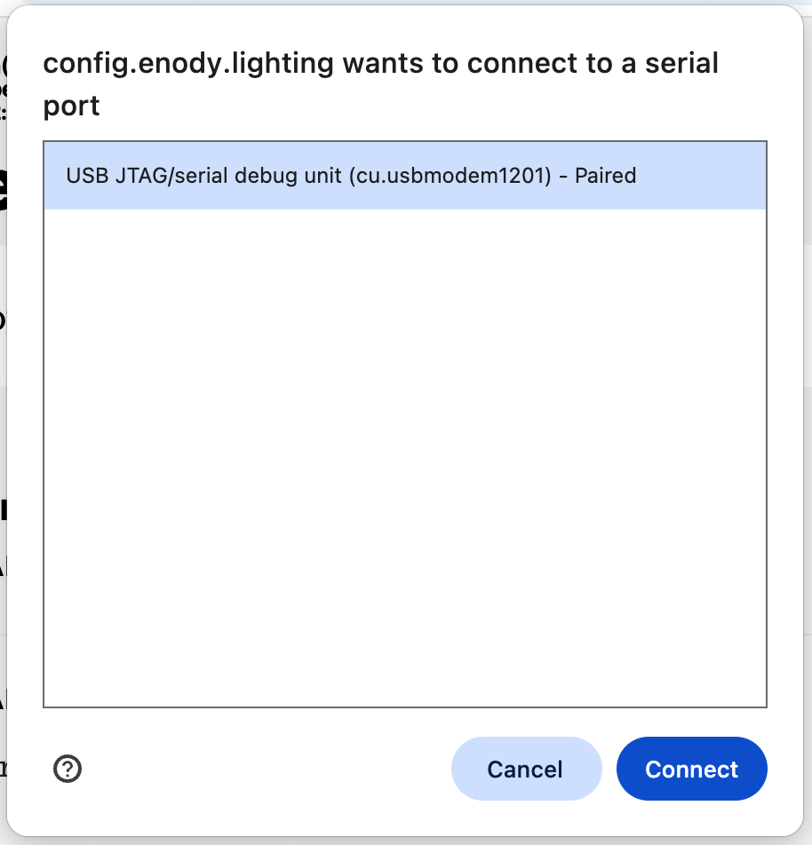 Screenshot of the Enody configuration tool displaying a Google Chrome device selection window