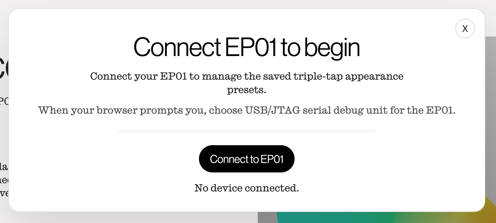 Screenshot of the Enody configuration tool displaying an EP01 connection prompt