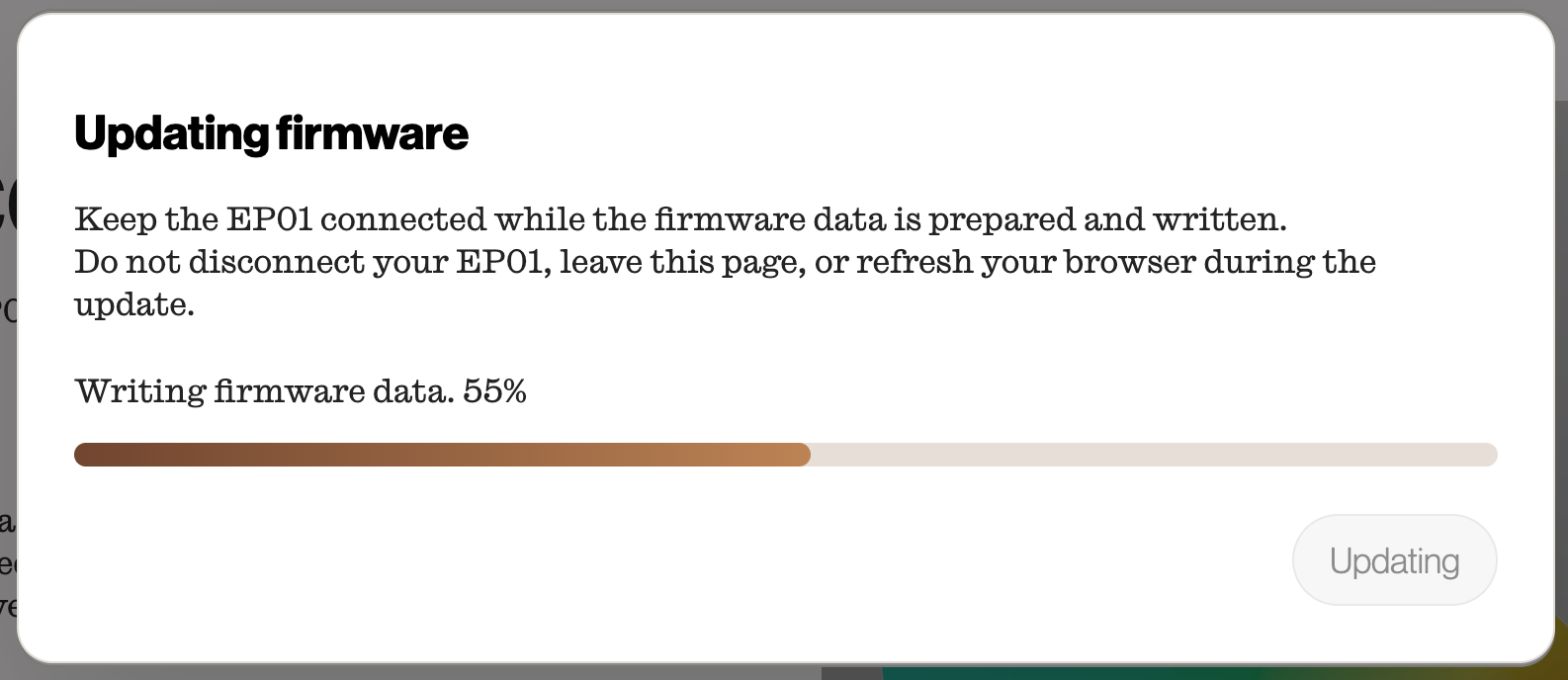 Screenshot of the Enody configuration tool displaying a firmware update progress bar