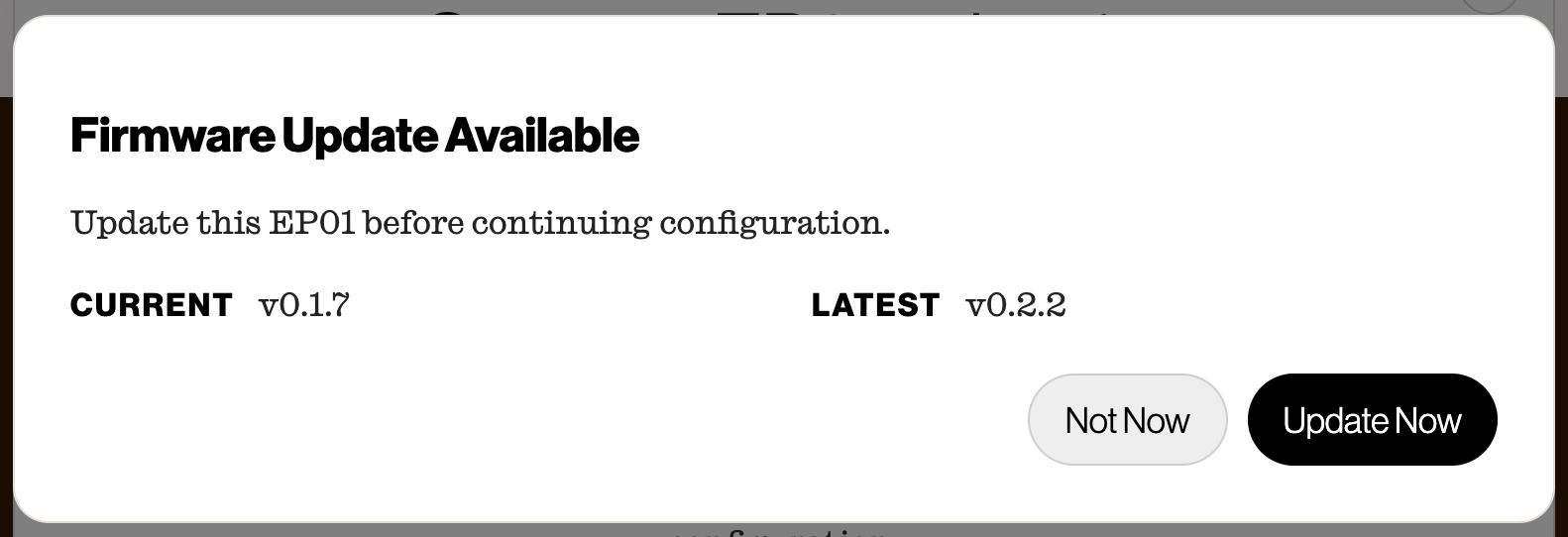 Screenshot of the Enody configuration tool displaying a firmware update prompt