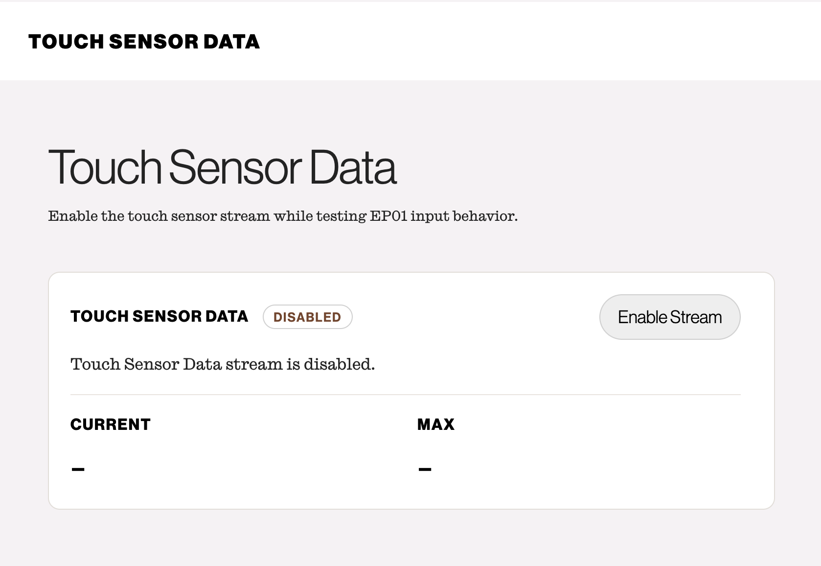 Screenshot of the Enody configuration tool displaying the touch sensor data section